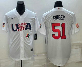 Mens USA Baseball #51 Brady Singer 2023 White World Baseball Classic Stitched Jersey